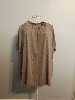 Adrianna Papell Taupe and White Polka Dot Ruffle-Neck Blouse